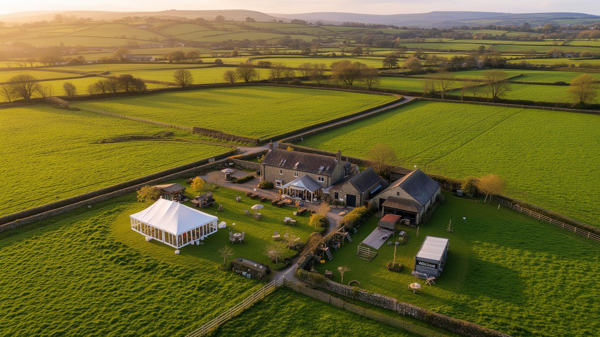 Aerial view of the Lancashire countryside farm location