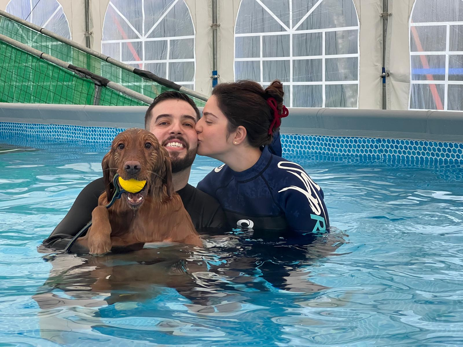 Team members supporting a dog carefully in the water during a recovery session
