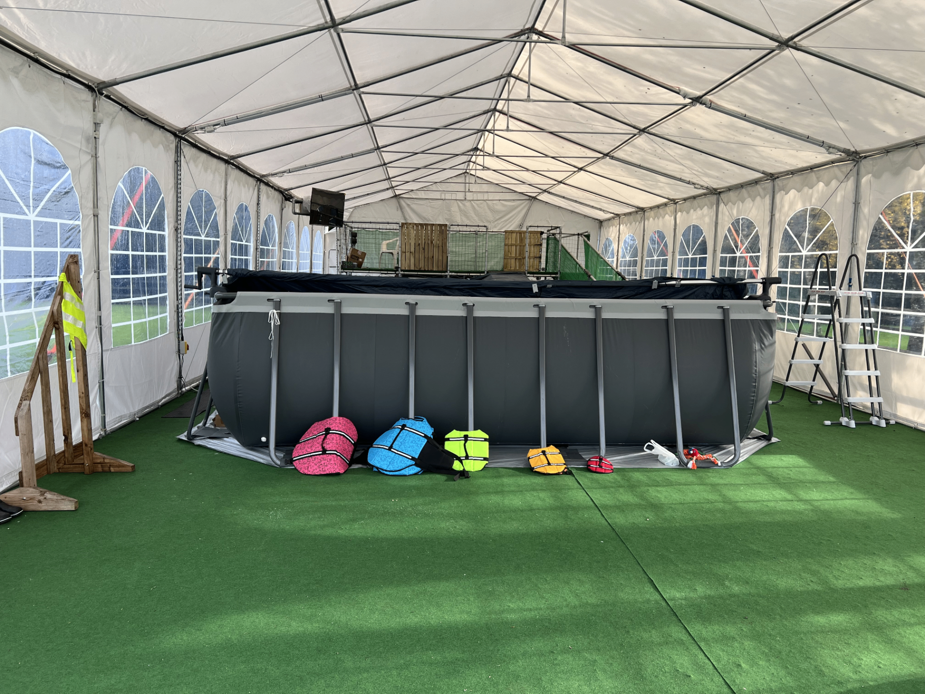 The indoor heated dog swimming pool inside the marquee at Bretherton